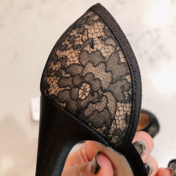VALENTINO GARAVANI Black D’orsay Floral Lace Bow Peep Toe Satin Pumps SZ 36.5 - Picture 9 of 17